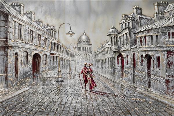 پوستر دیواری هنری خیابان‌های قدیمی لندن در باران برای دکوراسیون کافه رستوران و اتاق نشیمن اروپایی