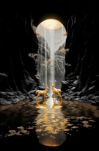 پوستر دیواری لوکس طرح گوزن‌های طلایی در غار با نورپردازی متمرکز مناسب برای پشت کمد دیواری و پذیرایی