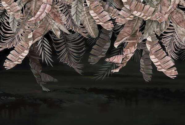 پوستر دیواری مدرن طرح برگ‌های گرمسیری با تم تیره و مسی ایده آل برای پشت تخت خواب و لابی ویلا