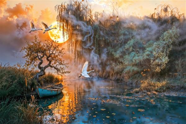 طرح نقاشی منظره رویایی پرواز قوها در غروب آفتاب برای پوستر دیواری سالن پذیرایی و اتاق خواب کلاسیک