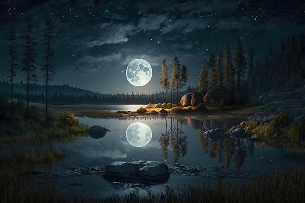 منظره دریاچه و ماه کامل در شب پر ستاره برای پوستر دیواری آرامش‌بخش اتاق خواب و کلینیک‌های روانشناسی