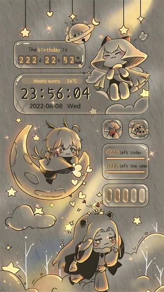 طرح فانتزی و کیوت شخصیت‌های انیمه در شب برای چاپ روی روتختی کودک، پرده اتاق خواب و دفترچه یادداشت