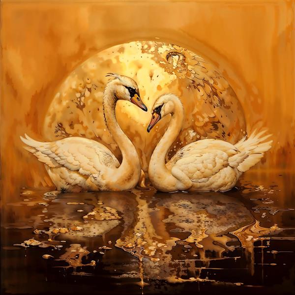 تابلو دکوراتیو دو قو عاشق با پس‌زمینه ماه طلایی مناسب برای اتاق خواب زوجین و تالارهای پذیرایی مجلل