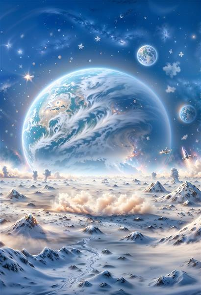 پوستر دیواری سه بعدی فانتزی سیاره زمین و کوهستان‌های برفی مناسب برای اتاق کودک، فضاهای آموزشی و دکوراسیون علمی