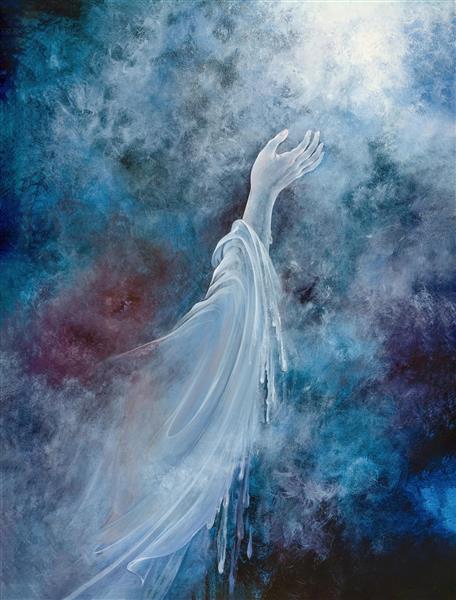 طرح نقاشی انتزاعی دست به سوی نور با تم آبی و عرفانی مناسب برای تابلوهای دکوراتیو آرامش‌بخش، دفاتر کار و دکوراسیون اتاق مدیتیشن