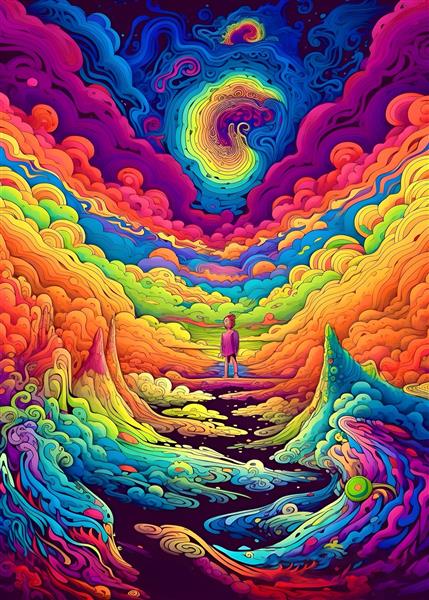 طرح انتزاعی و رنگارنگ منظره خیالی با ابرهای سورئال مناسب برای پوستر دیواری مدرن اتاق نشیمن و کافه و چاپ روی بوم و کوسن