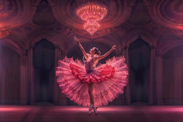 پوستر دیواری سه بعدی رقص باله در تالار مجلل با تم رنگی سرخابی و لوستر مجلل ویژه سالن‌های پذیرایی، هتل‌ها و آموزشگاه‌های رقص