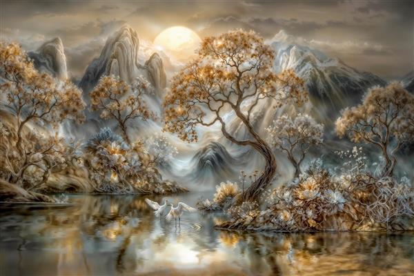 نمای رویایی جنگل طلایی و انعکاس در دریاچه زیر نور ماه ویژه پوستر دیواری پذیرایی و اتاق هتل