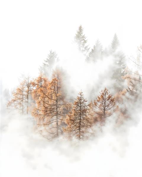 درختان مه‌آلود با تم رنگی پاییزی و روشن مناسب کاغذ دیواری اتاق نشیمن و دکوراسیون مینیمال