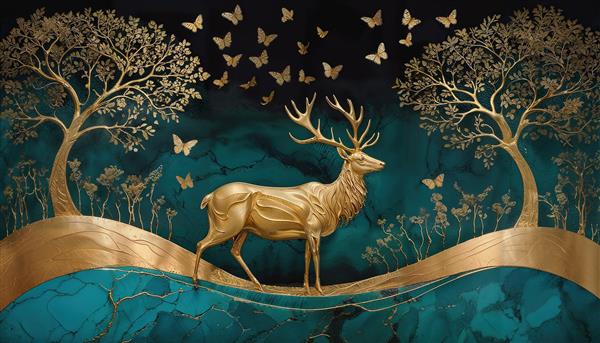 گوزن طلایی و درختان فانتزی با پروانه‌های درخشان در پس‌زمینه تیره مناسب برای پوستر دیواری پذیرایی مدرن