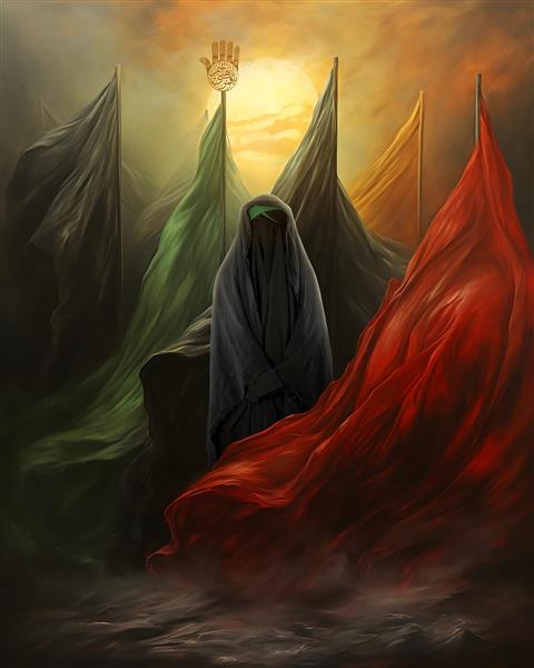 طرح مذهبی عاشورا با نماد پرچم‌های سبز و قرمز و دست حضرت عباس برای دکوراسیون حسینیه‌ها و فضاهای مذهبی