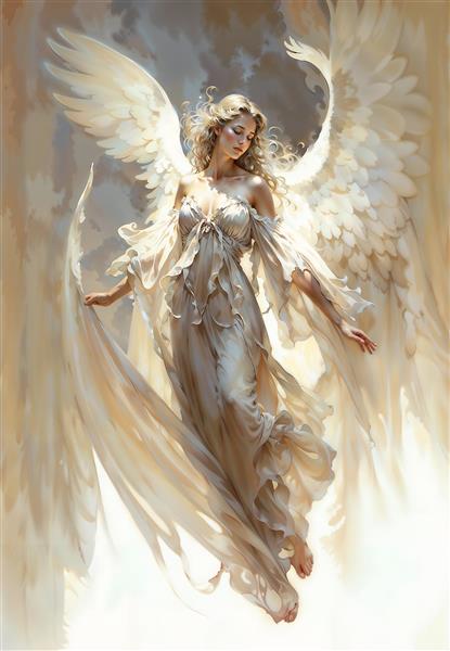 نقاشی دیجیتال فرشته بالدار نورانی در آسمان مناسب برای پوستر دیواری و قاب دکوراتیو اتاق خواب