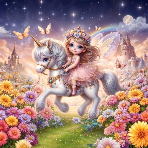 طرح جادویی اسب تک‌شاخ و پرنسس بالدار در دشت گل برای پوستر دیواری سه بعدی اتاق خواب کودک