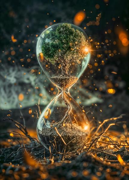 پوستر دیواری مفهومی ساعت شنی و درخت سبز زندگی ایده‌آل برای دکوراسیون سالن‌های همایش و اتاق مدیریت