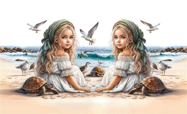 تصویر فانتزی دختران در ساحل با لاک‌پشت‌های دریایی برای چاپ روی پرده و روتختی اتاق خواب دخترانه