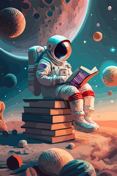 پوستر سه بعدی فضانورد در حال مطالعه کتاب در کهکشان ویژه دکوراسیون اتاق کودک و نوجوان و کتابخانه
