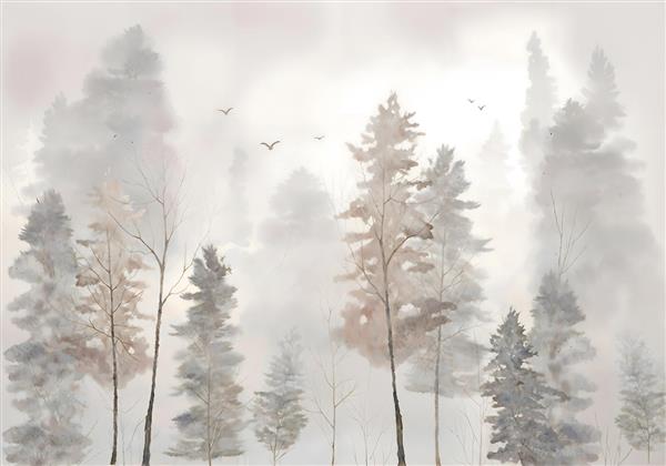 طرح آبرنگی جنگل مه‌آلود و پرندگان در حال پرواز مناسب کاغذ دیواری اتاق نشیمن و دفتر کار مدرن
