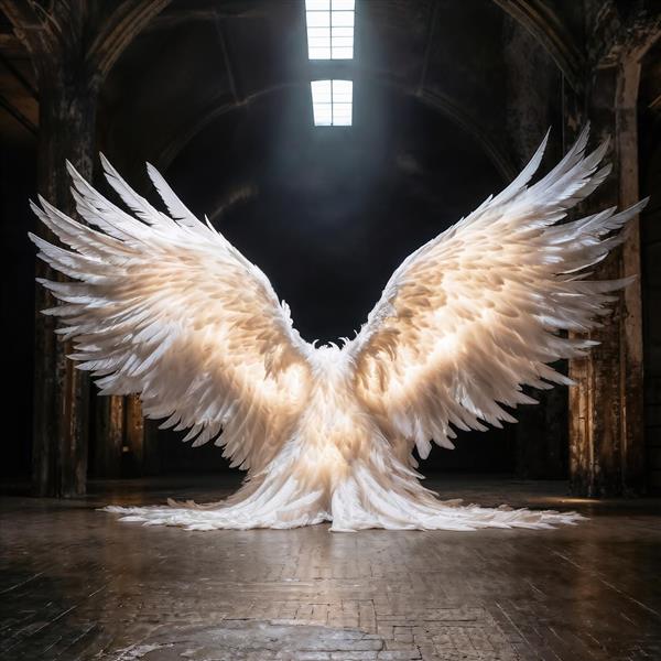 پوستر دیواری بال‌های فرشته سفید در تالار عمارت قدیمی برای دکوراسیون پذیرایی و پشت تخت خواب