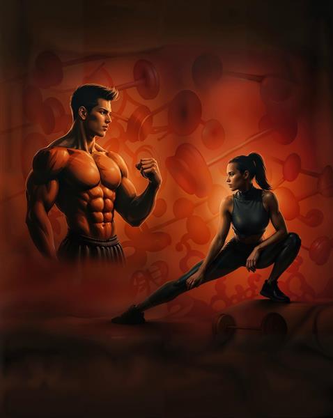 پوستر دیواری ورزشی با فیگور عضلانی زن و مرد در باشگاه بدنسازی جهت سالن‌های فیتنس، ژیمناستیک و مکمل‌فروشی