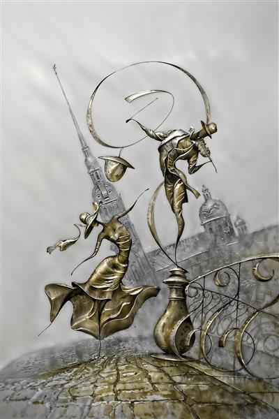 مجسمه انتزاعی رقصندگان طلایی روی پل در هوای مه آلود جهت پوستر دیواری سالن رقص و تالارهای پذیرایی مدرن