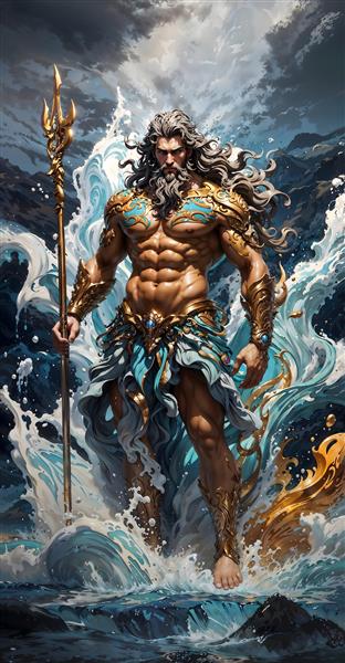 پوستر سه بعدی پوزیدون پادشاه اقیانوس با زره طلایی و نیزه برای دکوراسیون لابی هتل، سالن بدنسازی و استخر