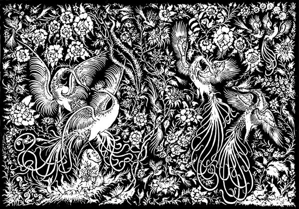 طرح اسلیمی سیاه و سفید پرندگان و گل‌های ظریف برای چاپ پوستر دیواری سنتی، پرده‌های چاپی و جلد دفتر