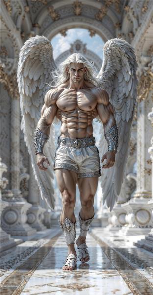 پوستر سه بعدی فرشته مرد با بال‌های بزرگ سفید در تالار مجلل کلاسیک مناسب لابی هتل، ویلا و تالارهای پذیرایی