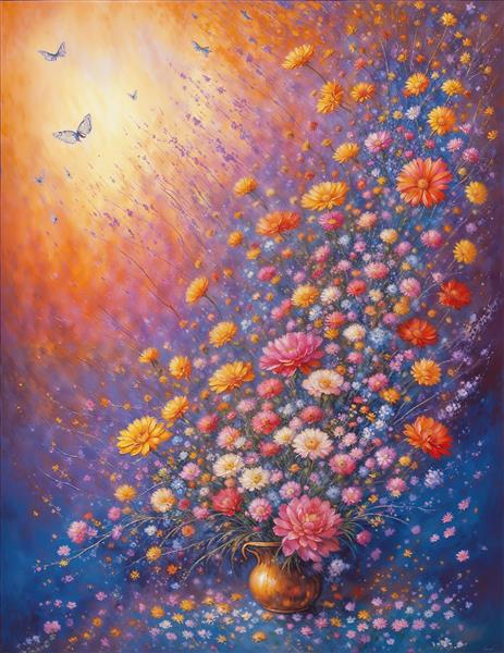 تابلوی نقاشی رنگ روغن دسته گل‌های بهاری و پروانه در تلالو نور خورشید مناسب پوستر دیواری اتاق خواب و پذیرایی