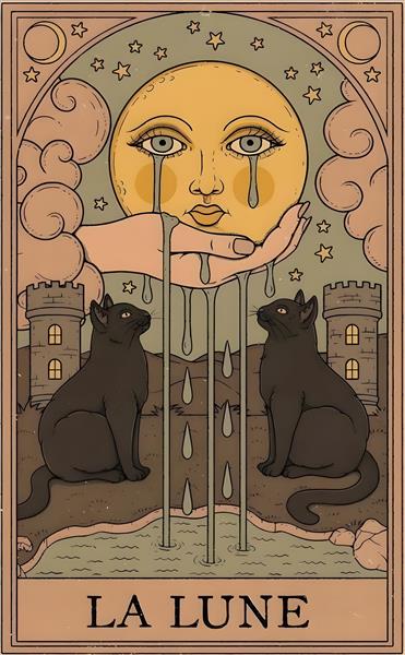 کارت تاروت ماه (La Lune) با طرح گربه‌های سیاه و قلعه قدیمی مناسب چاپ روی کوسن، ماگ و تابلوی دکوراتیو فانتزی و خاص