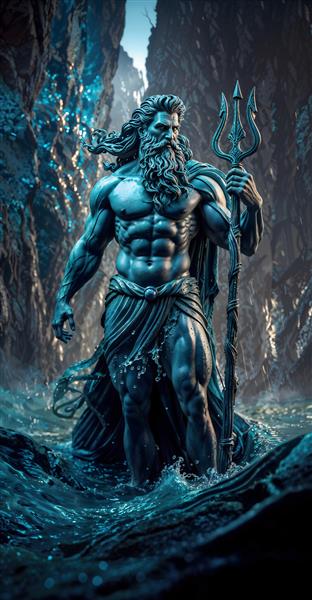 طرح سه بعدی خدای دریا نپتون (Poseidon) با نیزه سه شاخ در میان امواج خروشان ویژه پوستر دیواری اتاق گیمینگ و دکوراسیون استخر