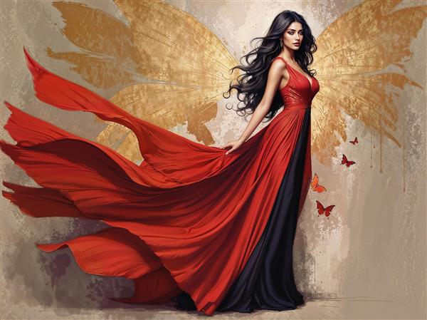 تصویر هنری زن فرشته با لباس حریر قرمز و بال‌های طلایی درخشان مناسب پوستر دیواری سالن پذیرایی و تابلو دکوراتیو اتاق خواب