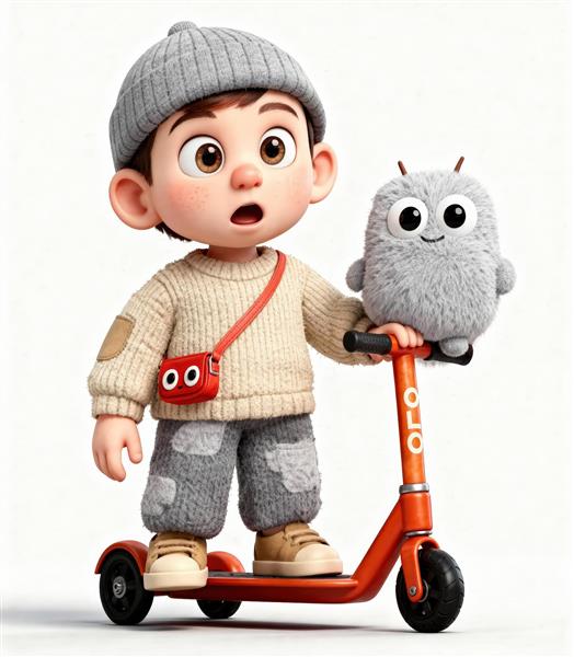 کاراکتر سه بعدی پسر بچه متعجب با اسکوتر نارنجی و موجود پشمالو مناسب استیکر دیواری اتاق پسرانه و چاپ روی تی‌شرت