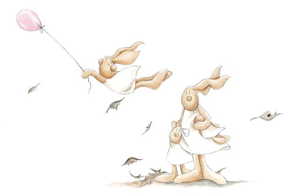 نقاشی خطی فانتزی خرگوش‌های بازیگوش با بادکنک صورتی جهت چاپ روی دفترچه یادداشت، کتاب داستان و پوستر اتاق نوزاد