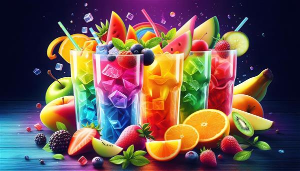 پوستر دیواری عریض اسموتی میوه‌های رنگارنگ و تابستانی برای دکوراسیون آبمیوه‌فروشی، باشگاه و کافه تریا