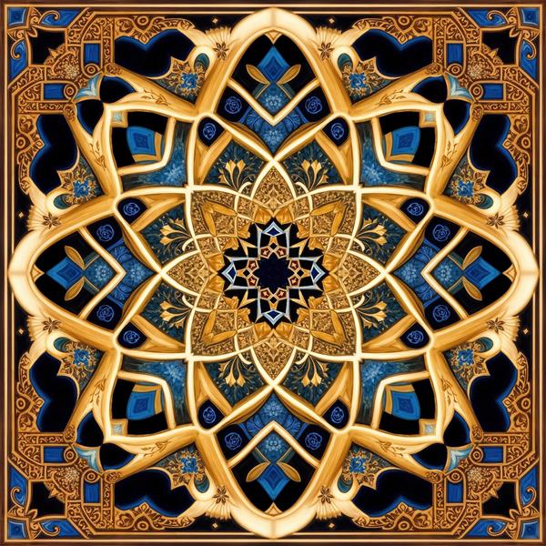 کاشی‌کاری اسلیمی مدرن با ترکیب رنگ آبی و طلایی خیره‌کننده برای پوستر دیواری تالارها و فضاهای سنتی لوکس