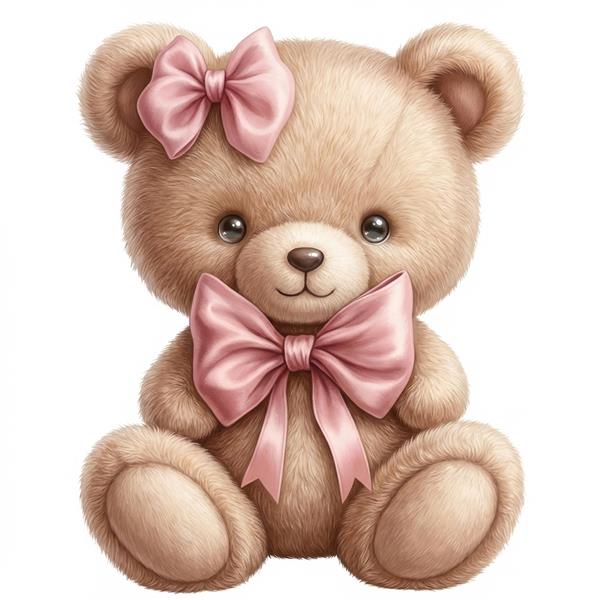 عروسک خرس تدی با پاپیون صورتی بزرگ مناسب برای پوستر دیواری اتاق نوزاد دختر، روتختی و چاپ روی ماگ