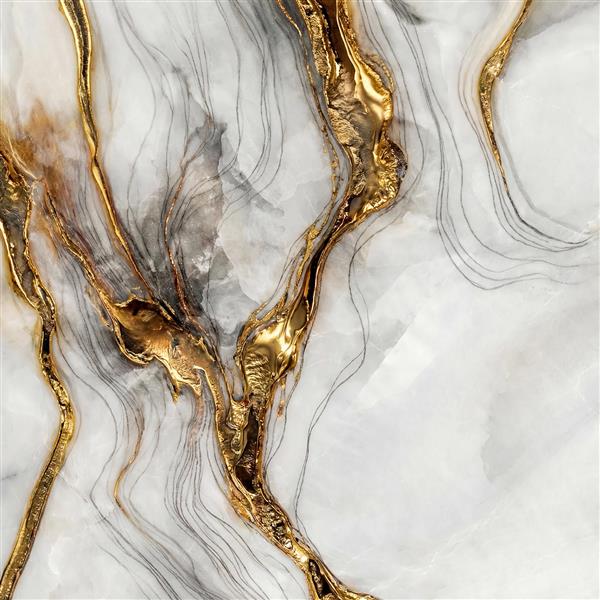 طرح انتزاعی مایع ماربل سفید و طلایی با رگه‌های ظریف برای کاغذ دیواری سالن پذیرایی لوکس و لابی ویلا
