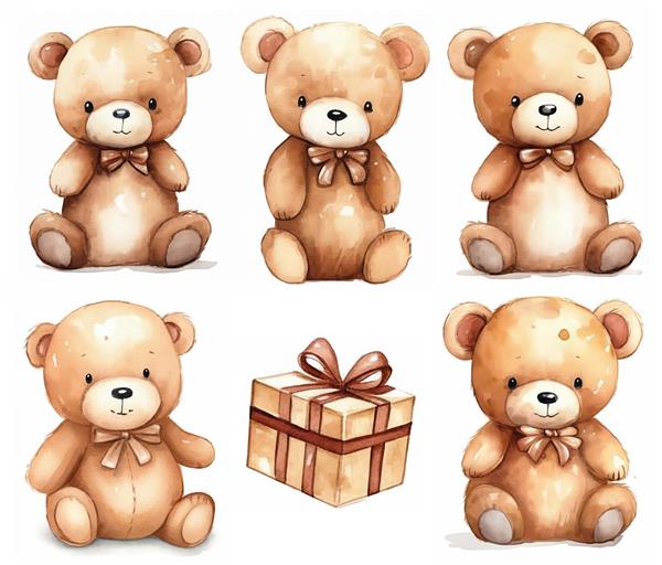 مجموعه خرس‌های مهربان آبرنگی با هدیه برای طراحی کتاب کودک، ملحفه نوزاد و استیکرهای دیواری