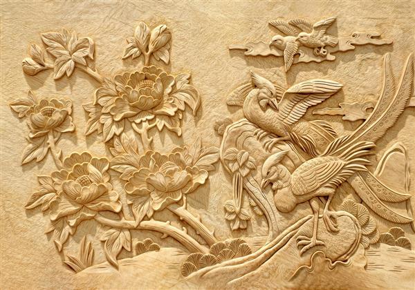 طرح نقش‌برجسته سنتی پرنده و گل روی سنگ برای پوستر دیواری کلاسیک، رستوران‌های سنتی و کتیبه‌های تزئینی