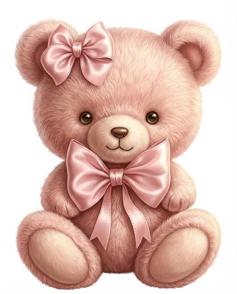 تصویر عروسک خرس صورتی پاستلی با پاپیون ساتن مناسب برای پوستر دیواری اتاق کودک، مهدکودک و جلد دفترچه