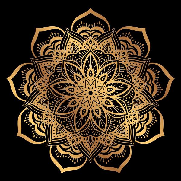 ماندالا طلایی متقارن روی زمینه مشکی با جزئیات اسلیمی برای پوستر دیواری سه بعدی پشت تخت و سالن‌های ماساژ