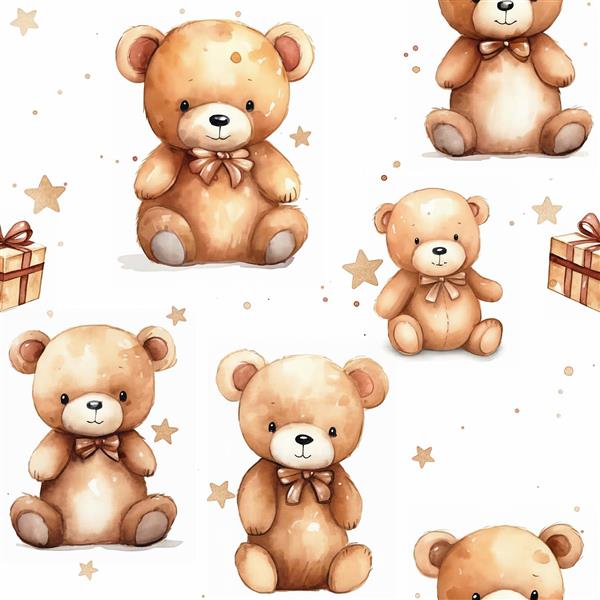 طرح تکرار شونده خرس‌های عروسکی و ستاره‌های طلایی برای پوستر دیواری فانتزی و ست کامل سیسمونی نوزاد