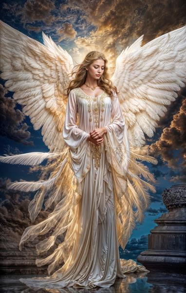 تصویر فرشته زیبا با بال‌های سفید بزرگ در آسمان ابری برای پوستر دیواری اتاق خواب بزرگسال و تابلوهای نقاشی کلاسیک