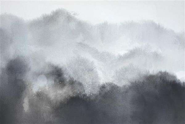 منظره مه آلود کوهستان به سبک نقاشی جوهر چینی برای پوستر دیواری اتاق مطالعه و سالن‌های مدیتیشن و یوگا