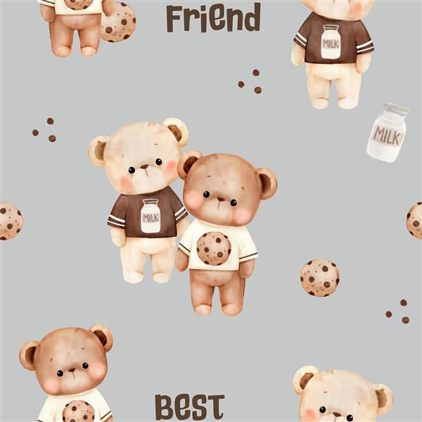 الگوی بدون درز خرس تدی مهربان و بیسکویت برای کاغذ دیواری اتاق نوزاد و چاپ پارچه ست خواب کودک