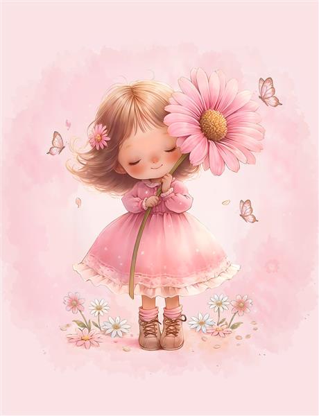 تصویر فانتزی دختر بچه با گل صورتی بزرگ و پروانه به سبک آبرنگ مناسب برای پوستر دیواری اتاق کودک و چاپ روی روتختی نوزاد