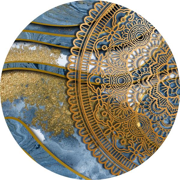 پوستر دیواری سه بعدی ماندالا طلایی بر روی پس‌زمینه مرمر آبی تیره برای لابی ساختمان‌های لوکس و تالارهای پذیرایی مجلل