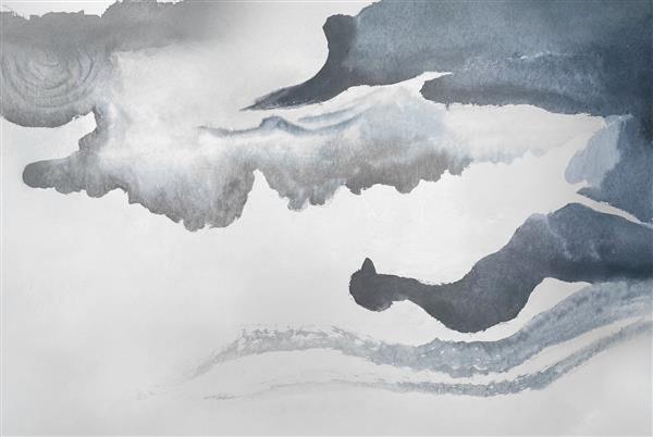 نقاشی آبرنگ انتزاعی با تناژ آبی و خاکستری طرح ابر و باد برای پوستر دیواری اتاق خواب و چاپ روی پرده‌های شید و ست روتختی