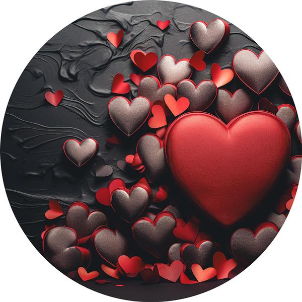 قلب‌های برجسته قرمز و شکلاتی روی پس‌زمینه مشکی مات جهت چاپ پوستر دیواری اتاق خواب مستر و روتختی‌های دونفره