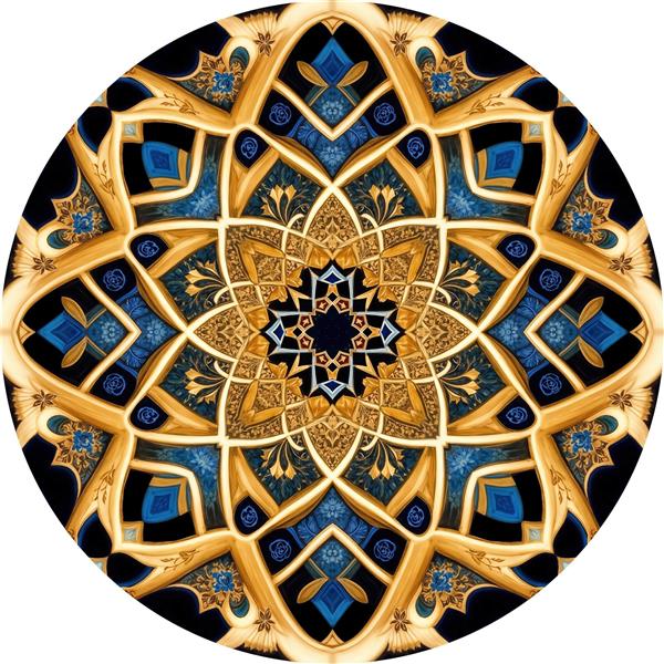 طرح اسلیمی و ترنج دایره‌ای با نگین‌های آبی و فریم طلایی لوکس برای پوستر دیواری سه بعدی لابی ویلا و هتل‌های مجلل